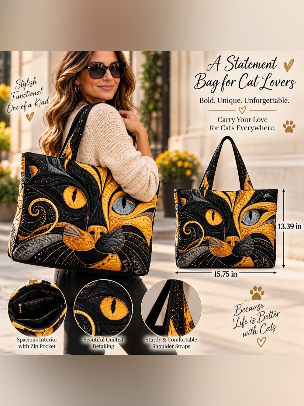 Quilted Cat Face Tote Bag in Black & Gold - Designer Style